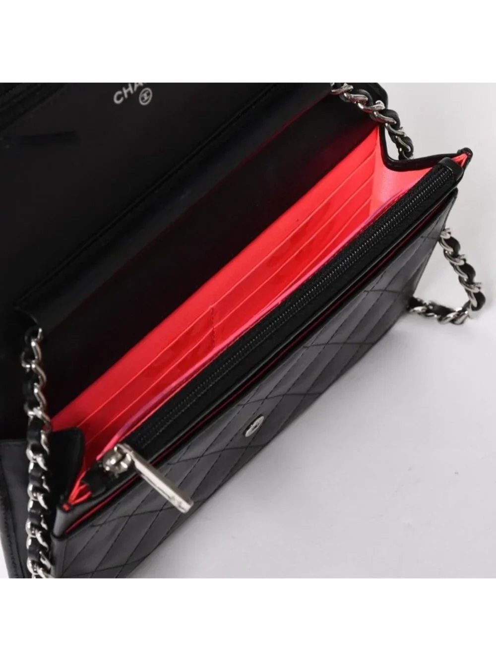 Chanel Cambon Line Chain Wallet Quilted Lambskin CC Logo Patent Black Pink